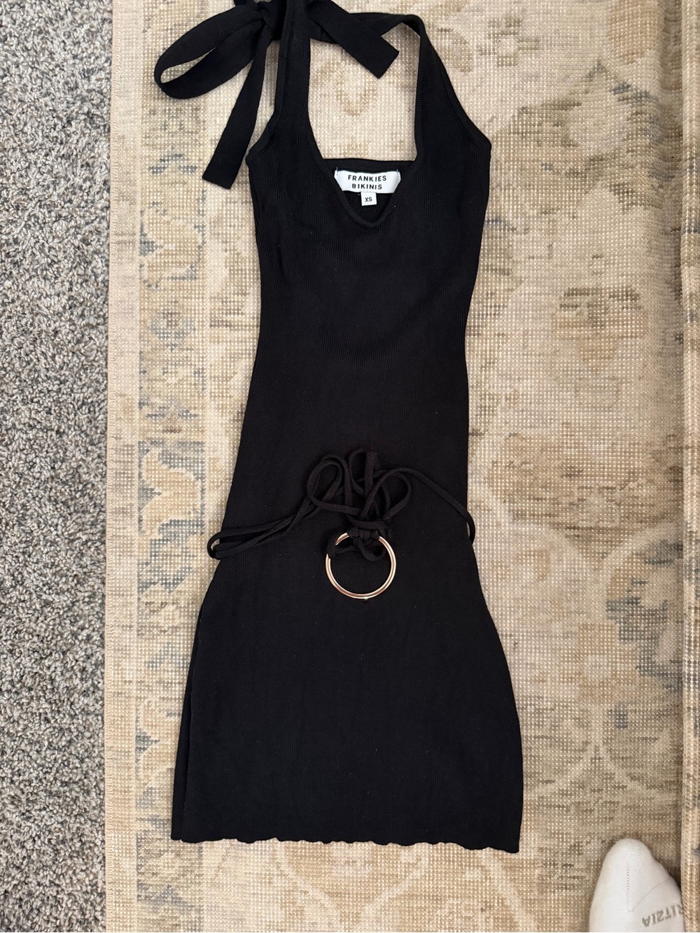 Frankie's Bikinis Black Ribbed Halter Mini Dress with Gold Ring